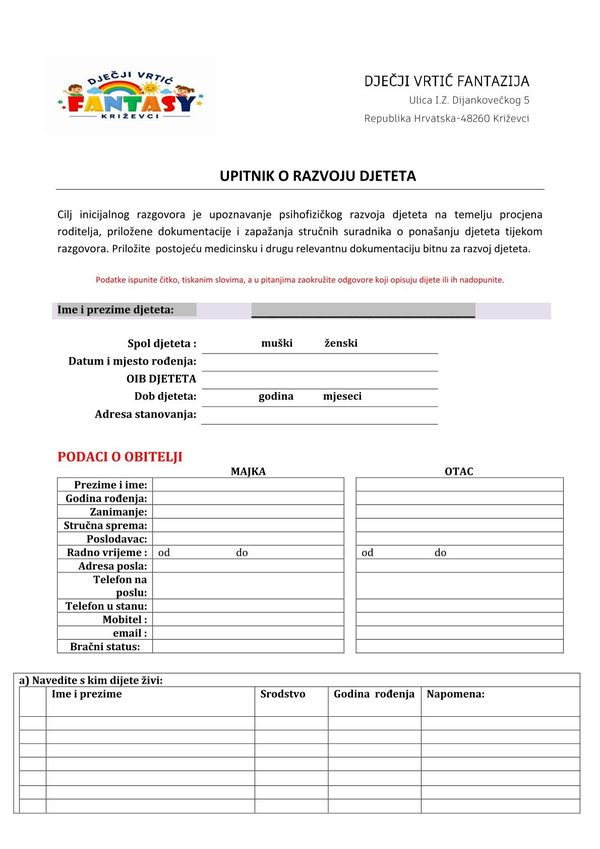 Prva stranica: Upitnik o razvoju djeteta